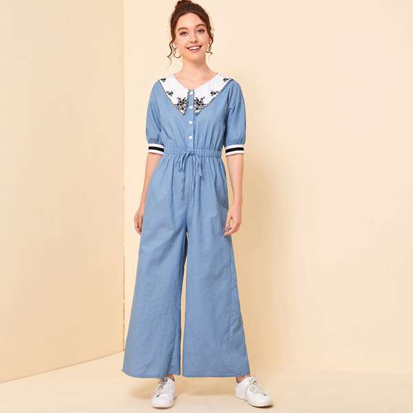 

Contrast Floral Collar Striped Cuff Button Front Jumpsuit, Blue