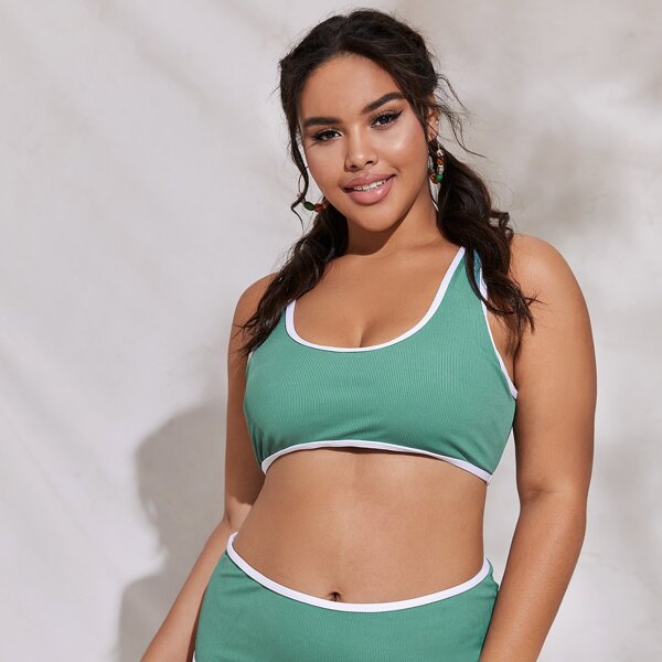

Plus Rib Contrast Binding Bikini Swimsuit, Green