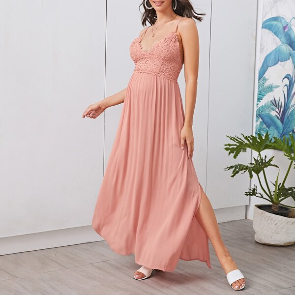 

Maternity Crisscross Backless Guipure Lace Bodice Split Hem Dress, Pastel coral pink