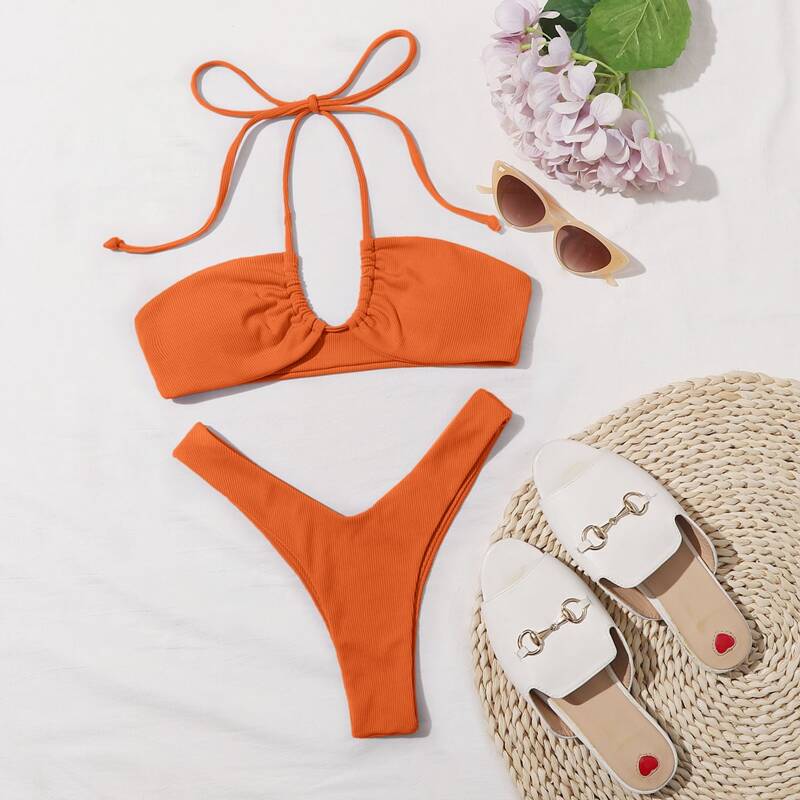 

Rib Halter High Leg Bikini Swimsuit, Orange