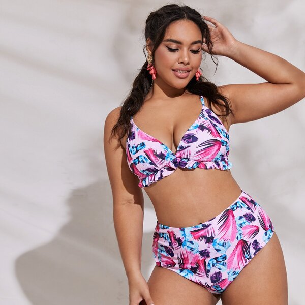 

Plus Tropical Frill Triangle Bikini Swimsuit, Multicolor