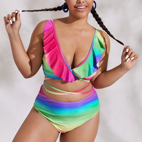 

Plus Ombre Ruffle Trim Wrap Bikini Swimsuit, Multicolor