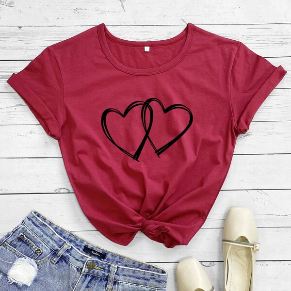 

Double Heart Print Short Sleeve Tee, Rose red