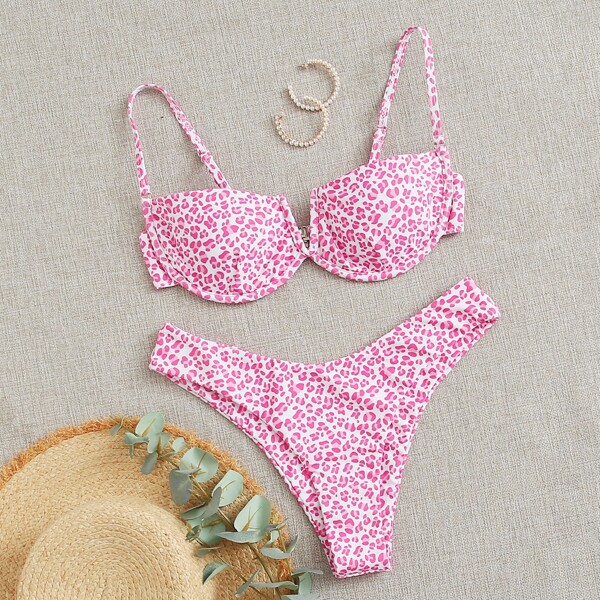 

Leopard V Wired Underwire Bikini Swimsuit, Pink