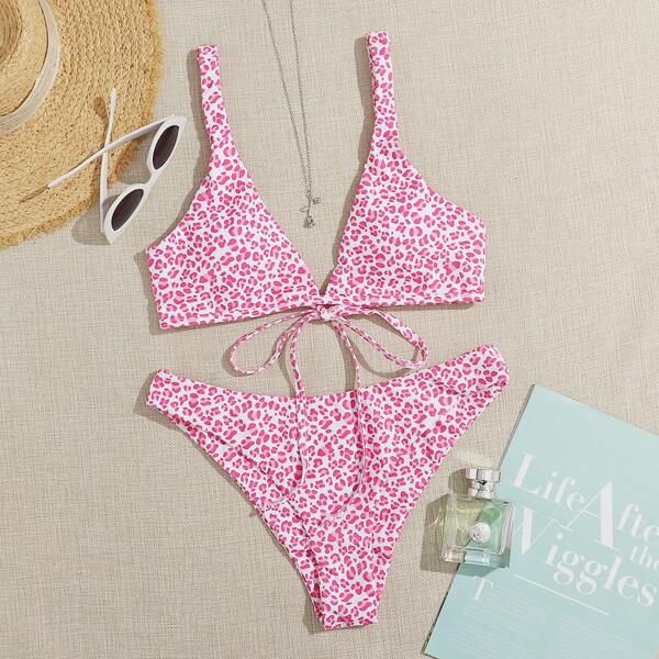 

Leopard Tie Back Bikini Swimsuit, Pink