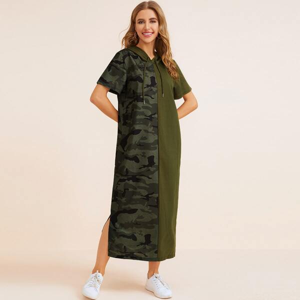 

Camo Print Split Hem Sweatshirt Dress, Army green