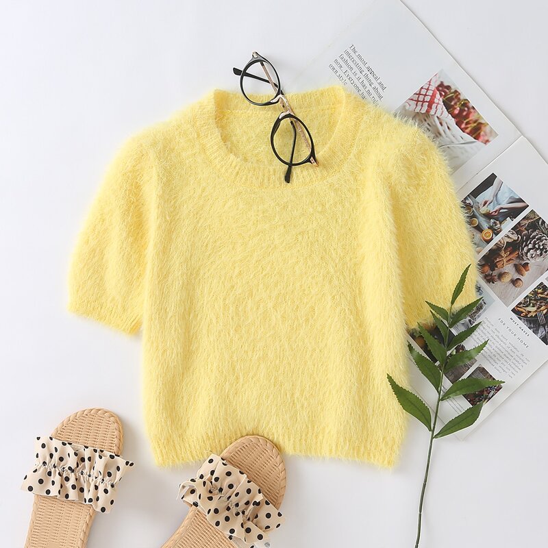 

Solid Fluffy Crop Knit Top, Yellow