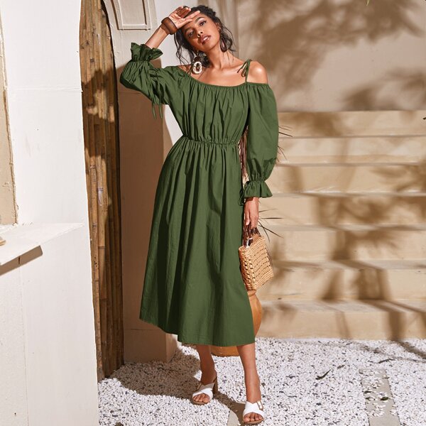 

Cold Shoulder Flounce Sleeve Solid Dress, Army green