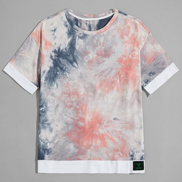

Men Contrast Panel Tie Dye Letter Patched Tee, Multicolor