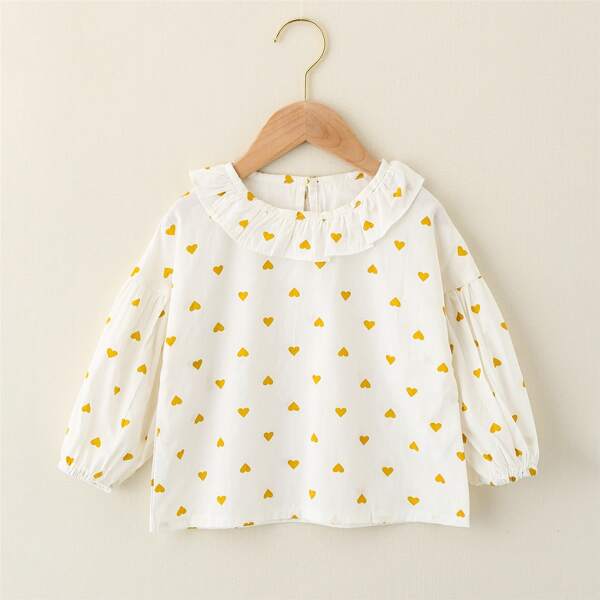 

Toddler Girls Allover Heart Print Ruffle Panel Blouse, White