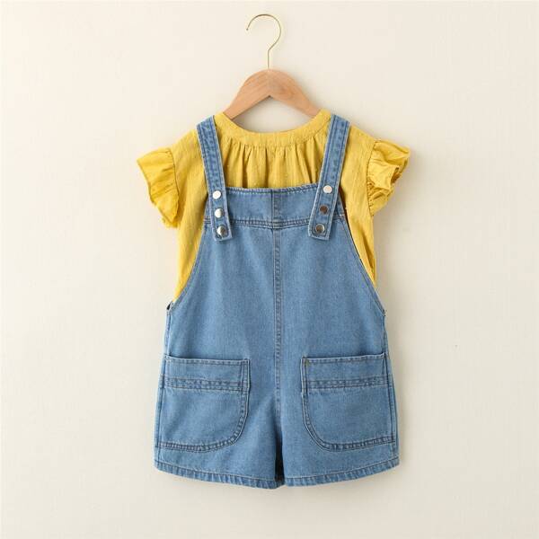 

Girls Swiss Dot Blouse With Denim Overall Romper, Multicolor