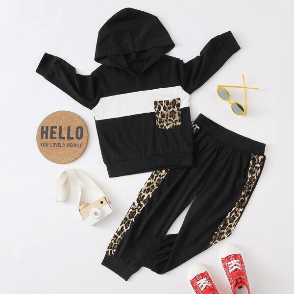 

Toddler Girls Colorblock And Leopard Print Hoodie With Sweatpants, Black