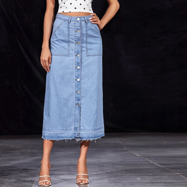 

Raw Hem Button Front Denim Skirt, Light wash