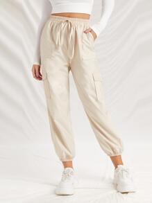 Pantalones cargo con cordón delantero con bolsillo con solapa - Beis - Ver 1
