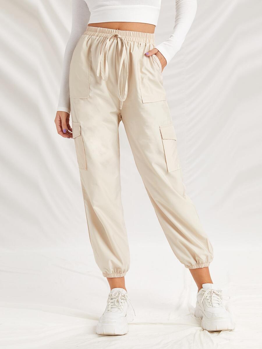 Pantalones cargo con cordón delantero con bolsillo con solapa - Beis - Ver 1