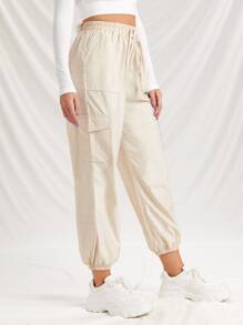 Pantalones cargo con cordón delantero con bolsillo con solapa - Beis - Ver 3