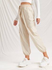 Pantalones cargo con cordón delantero con bolsillo con solapa - Beis - Ver 4