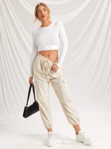 Pantalones cargo con cordón delantero con bolsillo con solapa - Beis - Ver 5