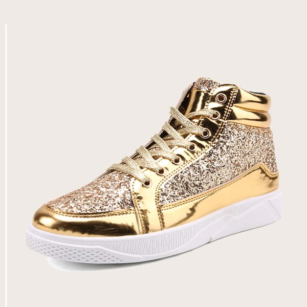 

Men Glitter Decor Lace-up Front Sneakers, Gold