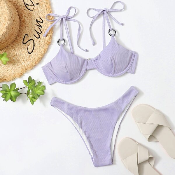 

Rib Self Tie Underwire Bikini Swimsuit, Pastel dusty purple