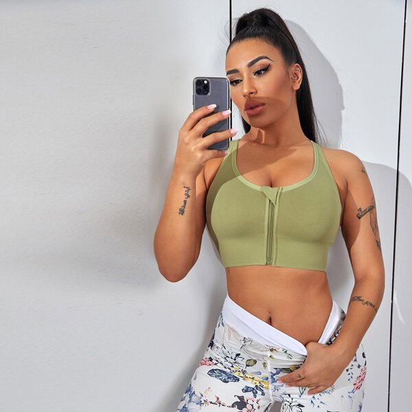 

Letter Graphic Zipper Front Sports Bra, Lime green