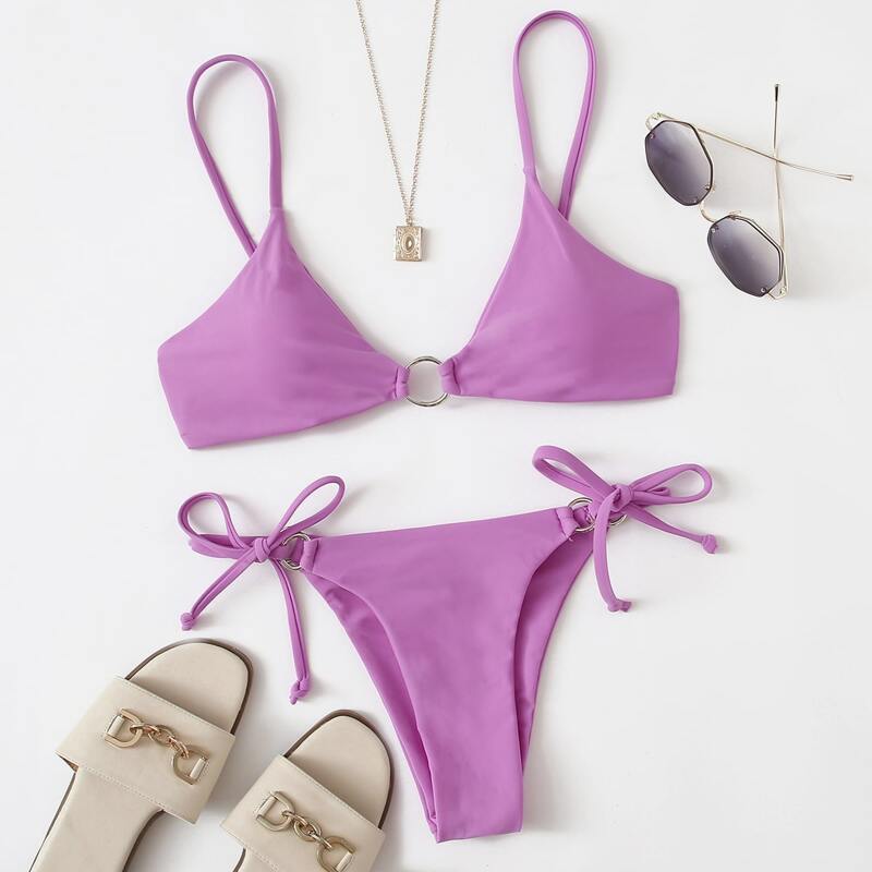 

Ring Linked Tie Side Bikini Swimsuit, Purple