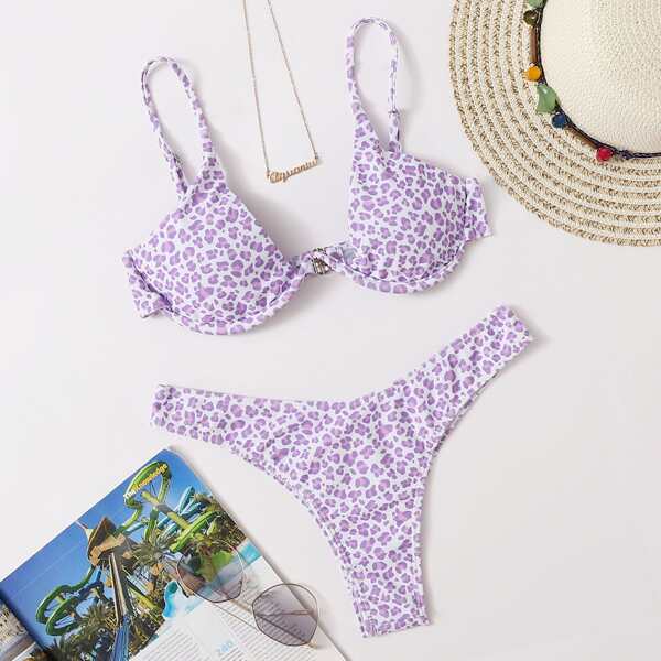 

Allover Print Underwire High Cut Bikini Swimsuit, Pastel lilac purple