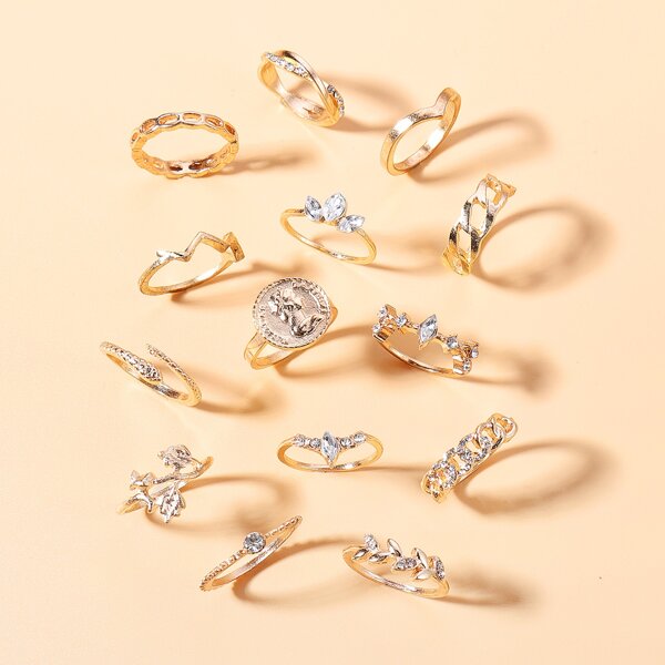

14pcs Rhinestone Decor Leaf Decor Ring, Gold