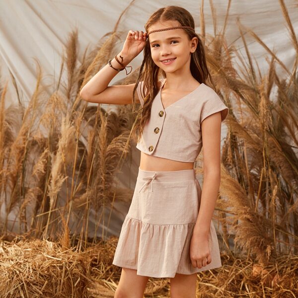 

Girls Button Front Top & Ruffle Hem Skirt Set, Apricot