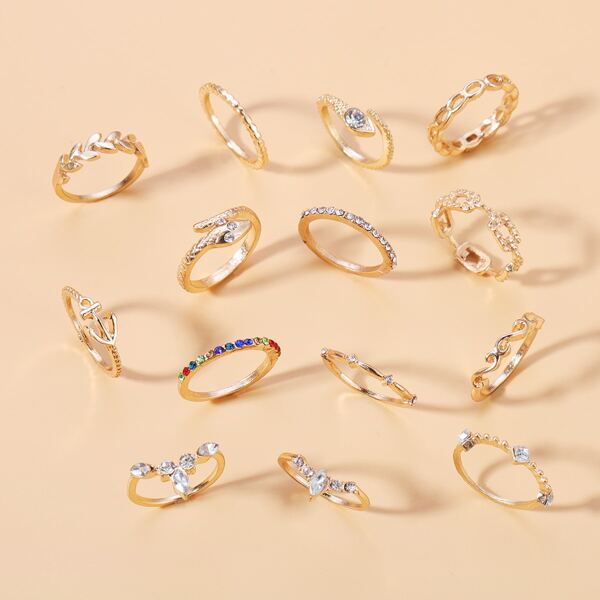 

14pcs Rhinestone Decor Anchor Decor Ring, Gold