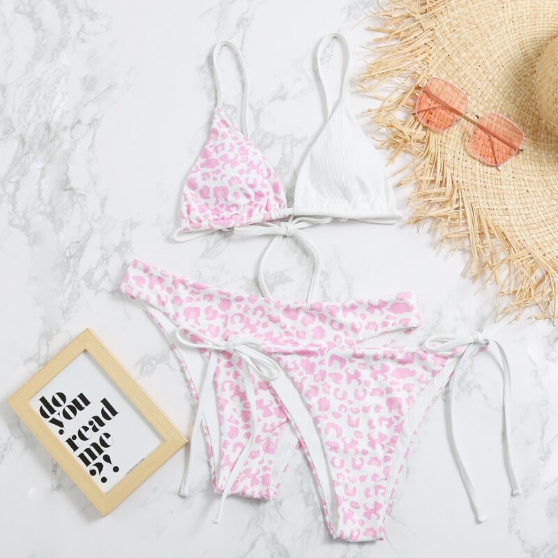 

3pack Leopard Rib Triangle Tie Side Bikini Swimsuit, Pastel baby pink