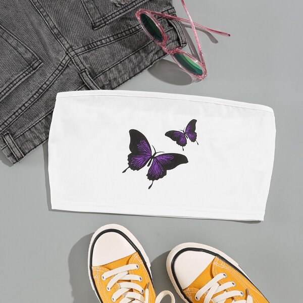 

Butterfly Print Crop Tube Top, White