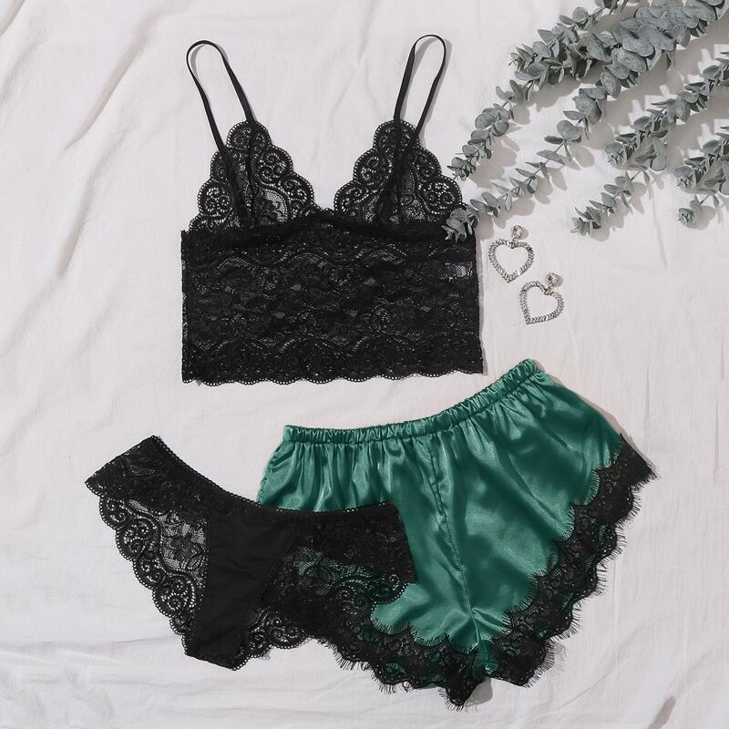 

3pack Floral Lace Lingerie Set With Satin Shorts, Multicolor
