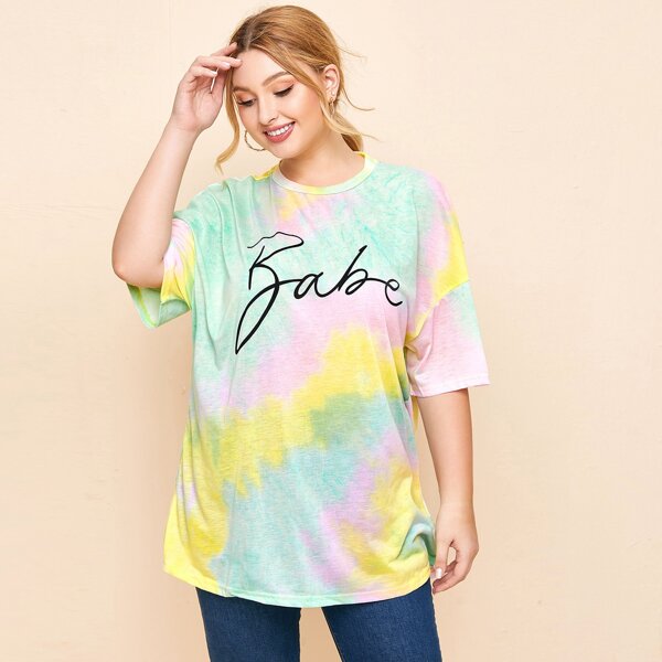 

Plus Drop Shoulder Letter Graphic Tie Dye Top, Multicolor