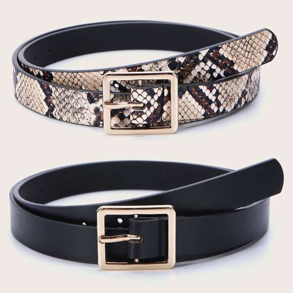 

2pcs Snakeskin Pattern Metal Buckle Belt, Multicolor