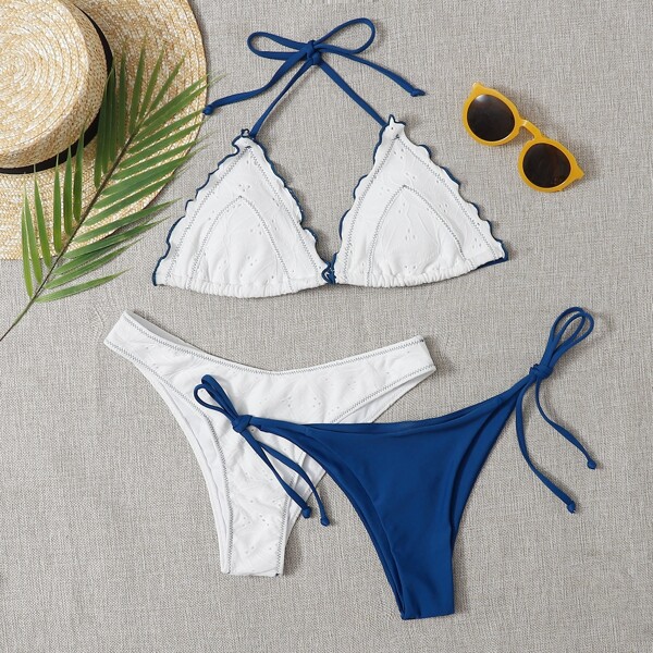 

3pack Triangle Halter Tie Side Bikini Swimsuit, Blue and white