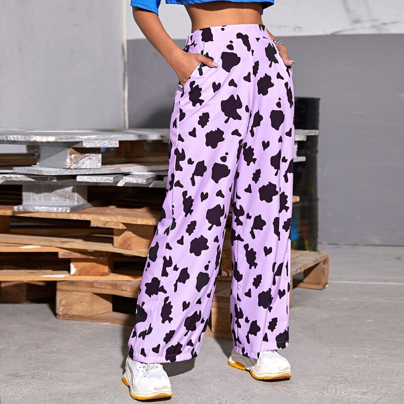 

Slant Pocket Cow Print Pants, Lilac purple
