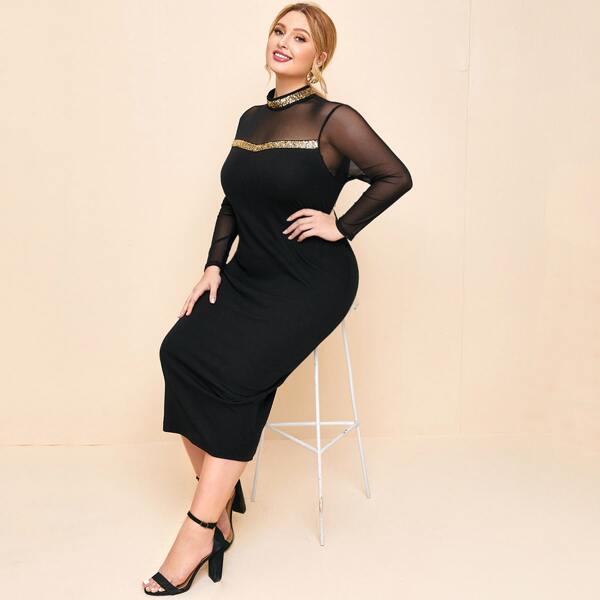 

Plus Sequin Tape Sheer Mesh Yoke Split Back Dress, Black