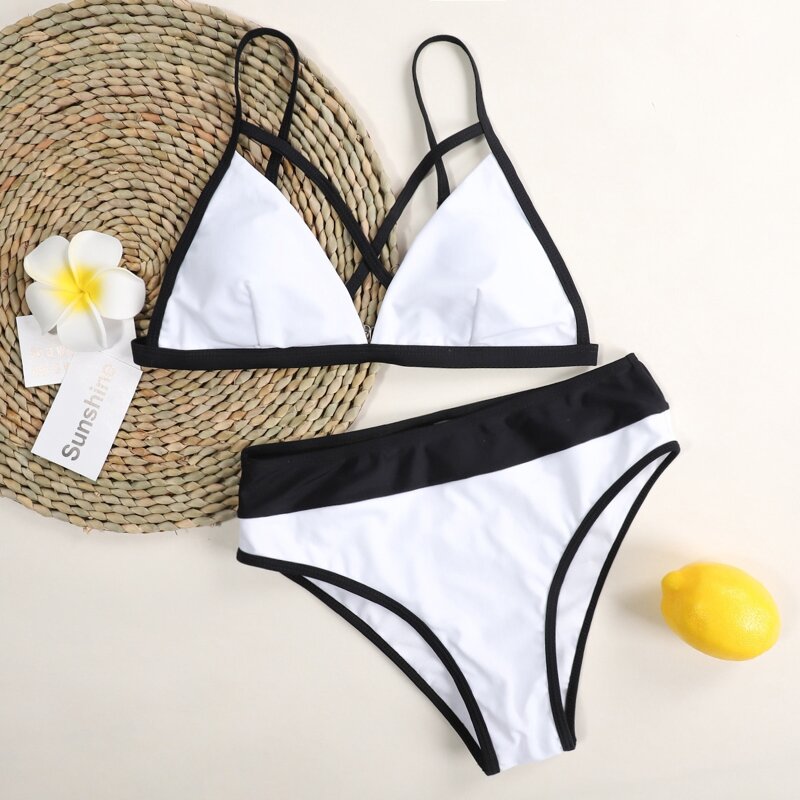 

Contrast Binding Crisscross Triangle Bikini Swimsuit, White