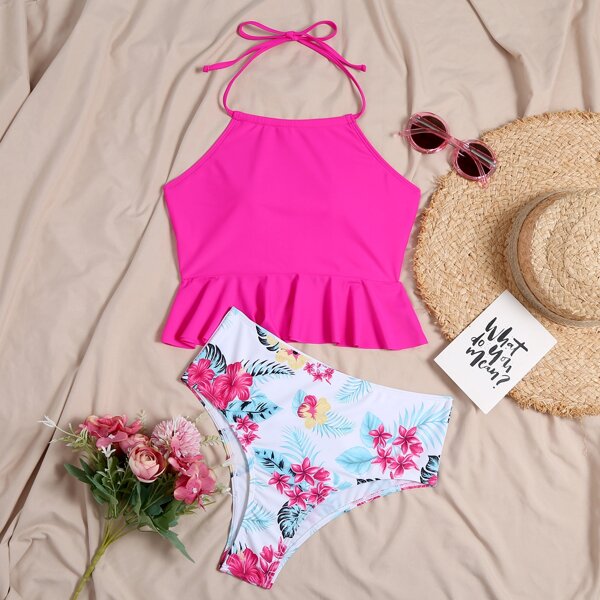 

Floral & Leaf Print Ruffle Hem Halter Bikini Swimsuit, Multicolor