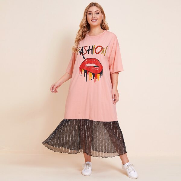 

Plus Contrast Sequin Mesh Hem Letter & Mouth Print Dress, Baby pink
