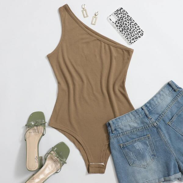 

One Shoulder Rib-knit Bodysuit, Mocha brown