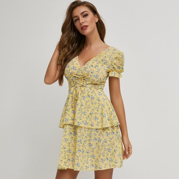 

Puff Sleeve Lace Up Knot Ditsy Floral Layered Dress, Yellow