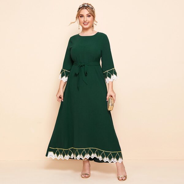 

Plus Scallop Trim Belted Maxi Dress, Dark green
