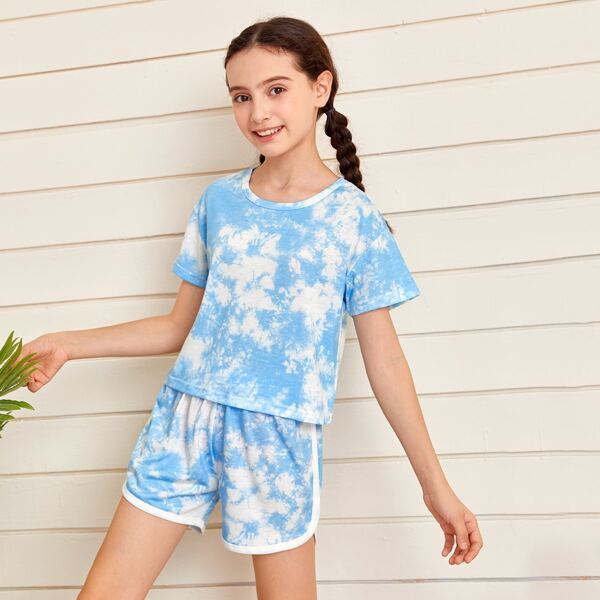 

Girls Tie Dye Contrast Binding PJ Set, Baby blue
