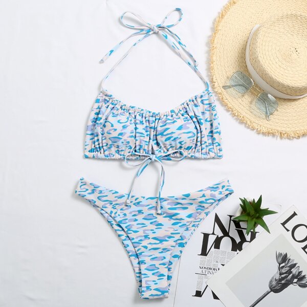 

Allover Print Halter Knot Front Bikini Swimsuit, Multicolor