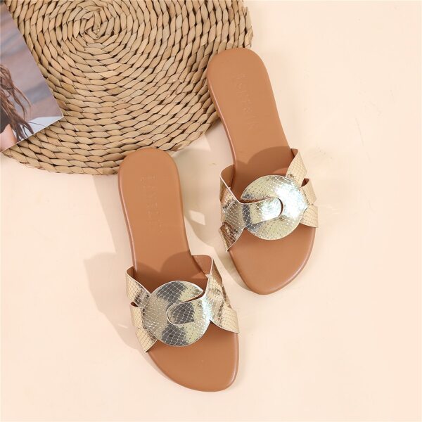 

Metallic Croc Embossed Slide Sandals, Gold