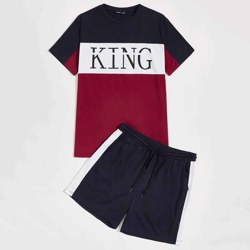 

Guys Letter Graphic Colorblock Top & Striped Side Track Shorts Set, Multicolor