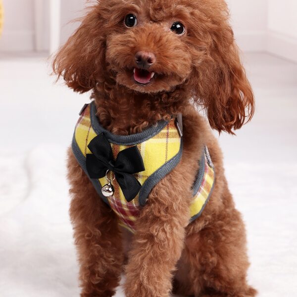 

1pc Dog Plaid Vest Harness With 1pc Leash, Yellow