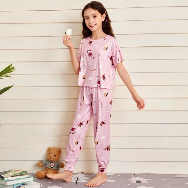 

Girls Coffee Print PJ Set, Baby pink